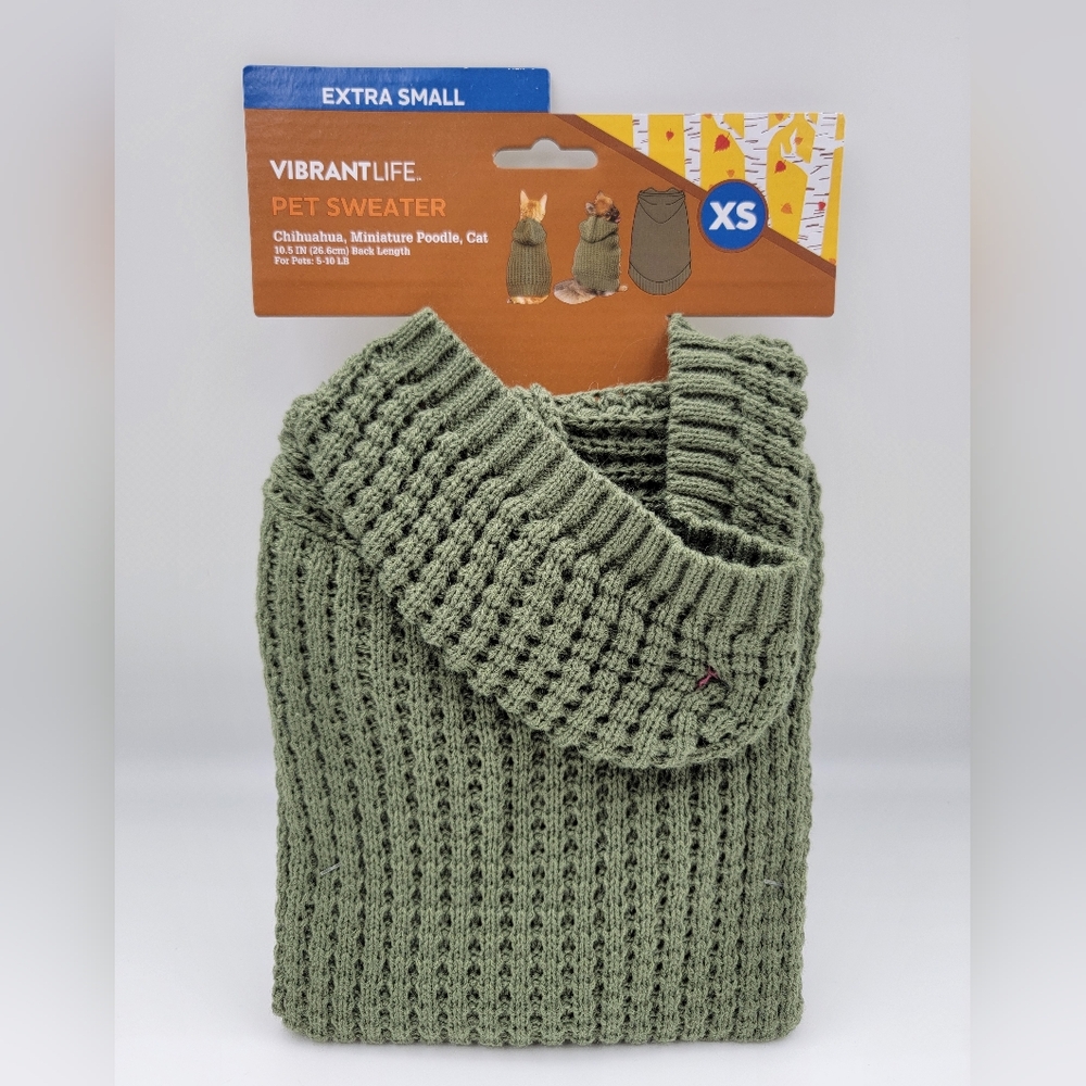 Vibrant Life Dog Or Cat Green Hooded Waffle Knit Pet Sweater Sz XS